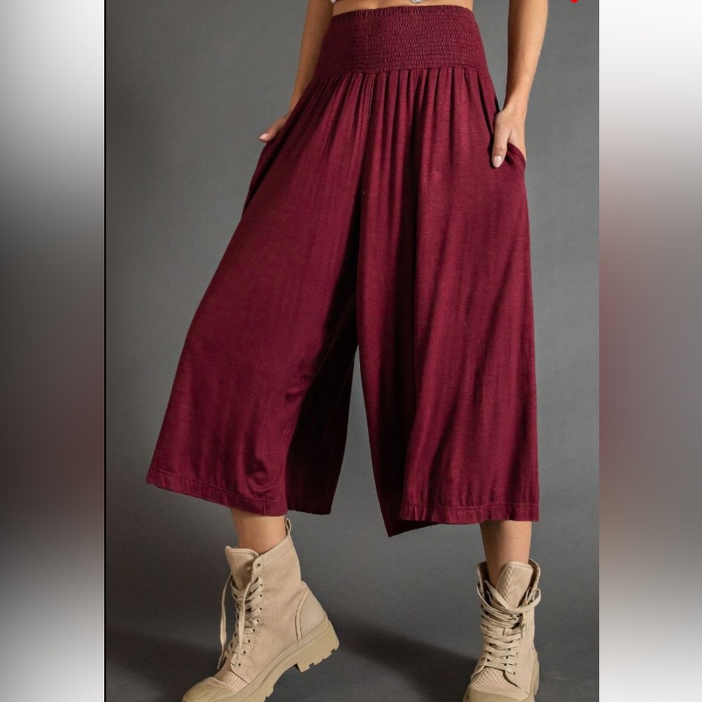 Wide-Leg Smocked Waist Cropped Pants in Burgundy